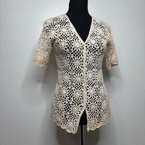 Vintage F.A.I. Crochet Cardigan Women’s L 100% Cotton Open Knit Boho Cream